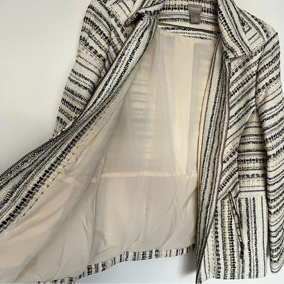 Chico’s Tweed Jacket Size 3 (16-18) Stripped Blazer Zip Closure Side Pockets - Picture 10 of 16